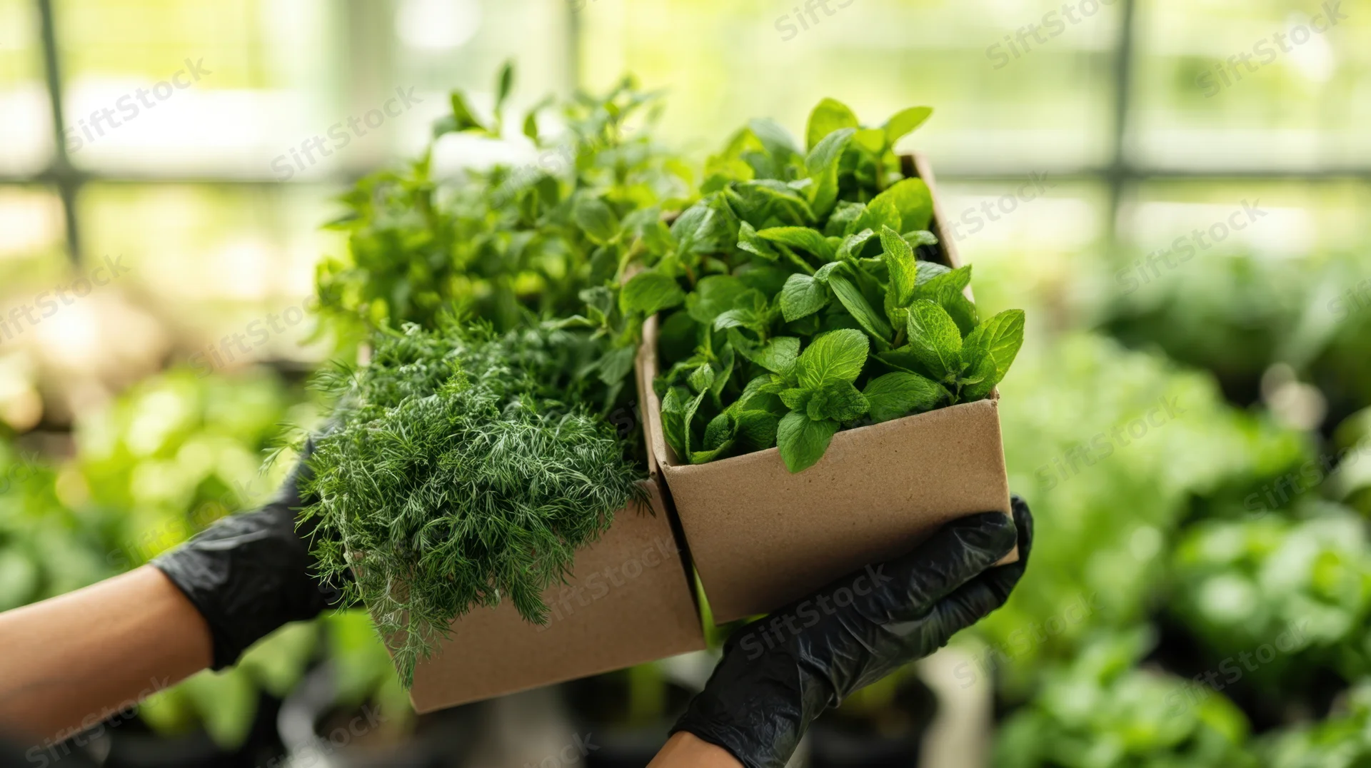 Woman holding boxes of fresh herbs in a greenhouse