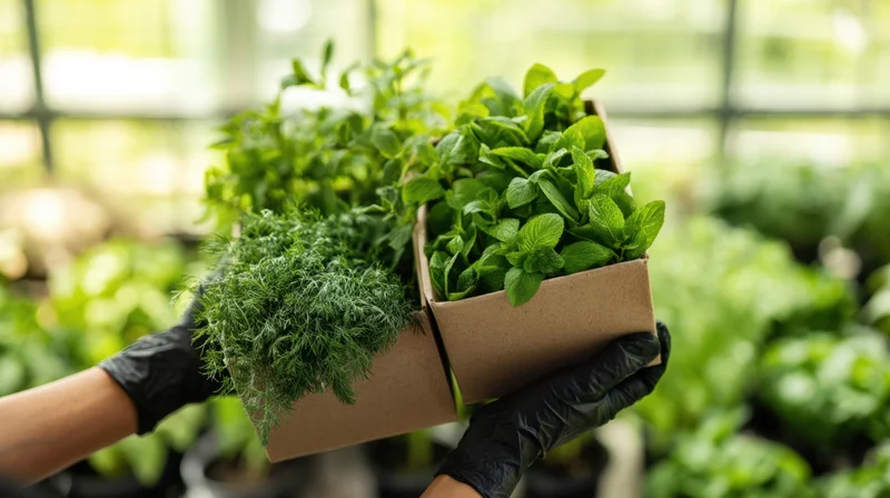 Woman holding boxes of fresh herbs in a greenhouse