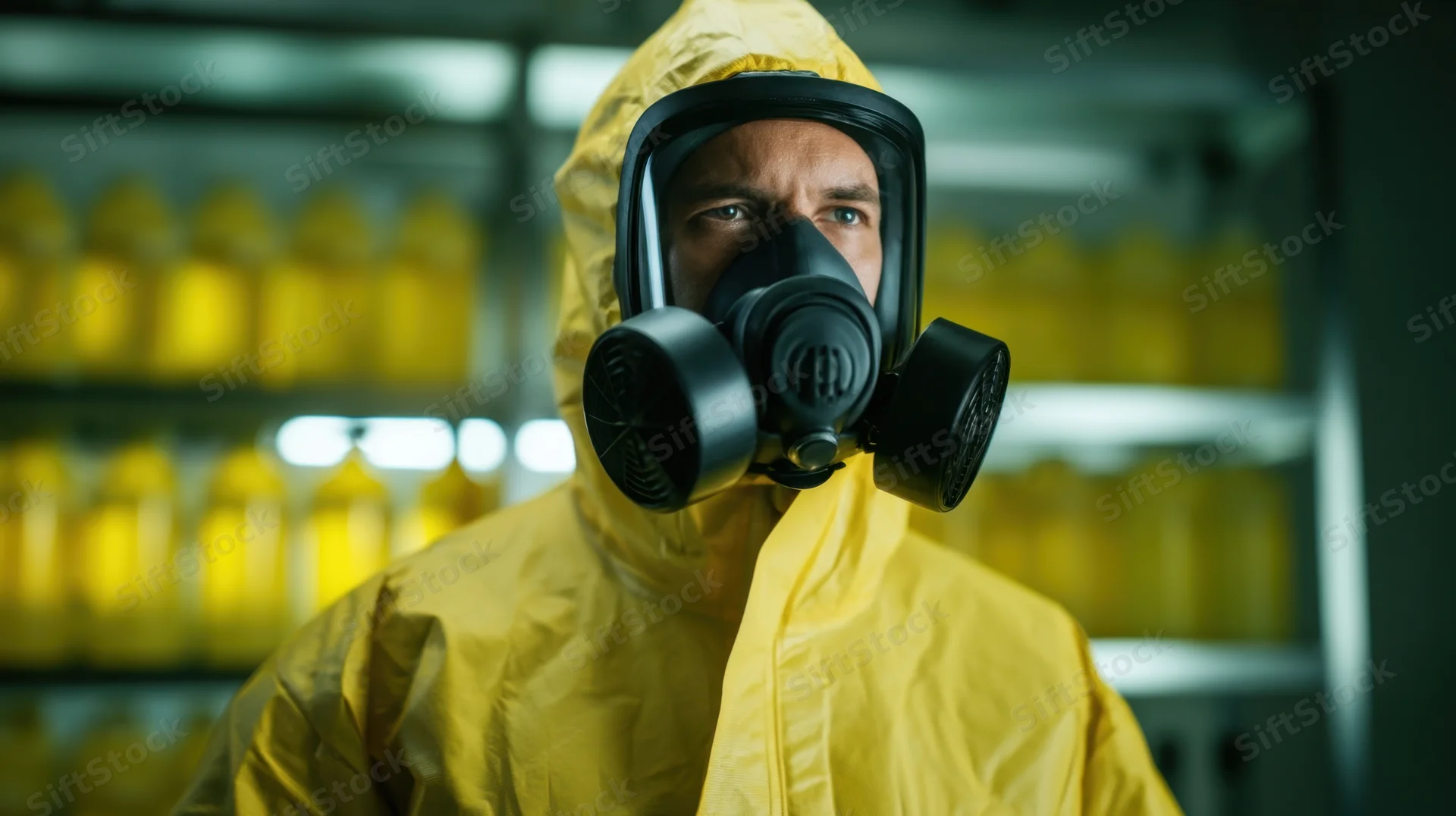 Man in yellow hazmat suit and gas mask standing in a chemical storage facility