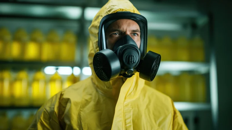 Man in yellow hazmat suit and gas mask standing in a chemical storage facility