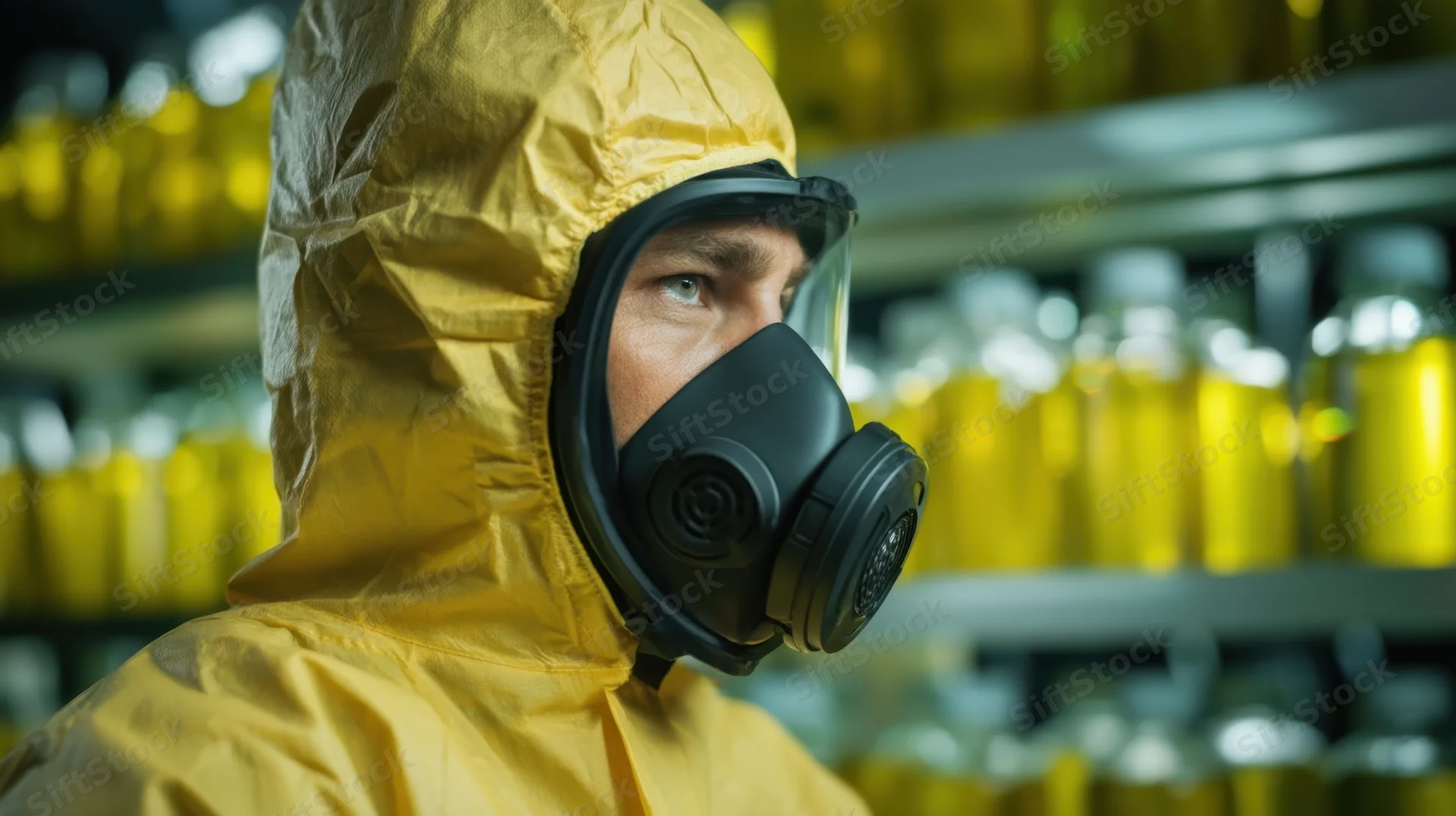 Man in yellow hazmat suit with gas mask standing in chemical storage area