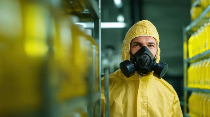 Man in yellow protective suit and respirator standing in chemical storage area