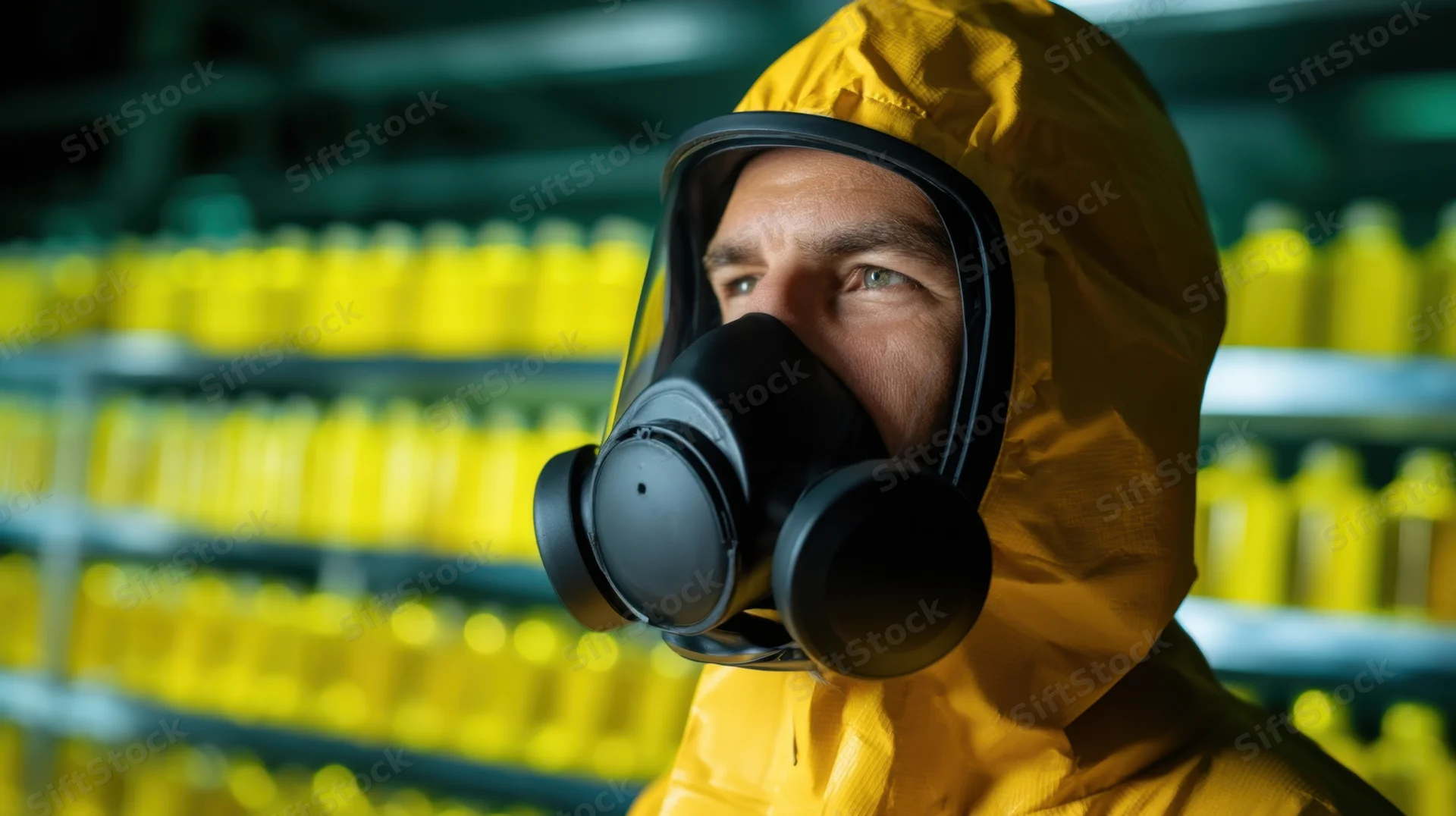 Man in yellow protective suit and respirator mask standing in front of shelves filled with yellow chemical bottles