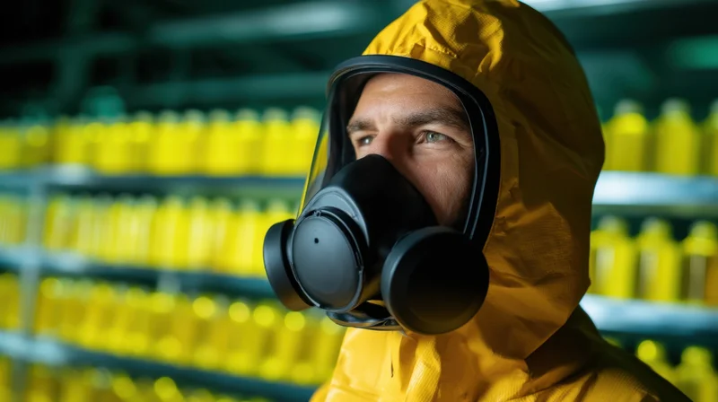 Man in yellow protective suit and respirator mask standing in front of shelves filled with yellow chemical bottles