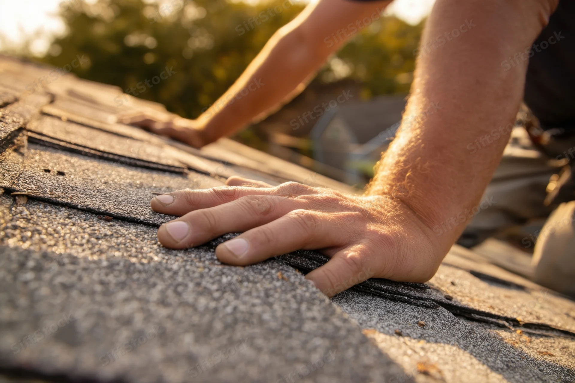 Hands inspecting weathered asphalt shingles on a residential roof during daytime outdoor work