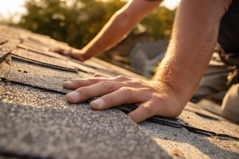Hands inspecting weathered asphalt shingles on a residential roof during daytime outdoor work