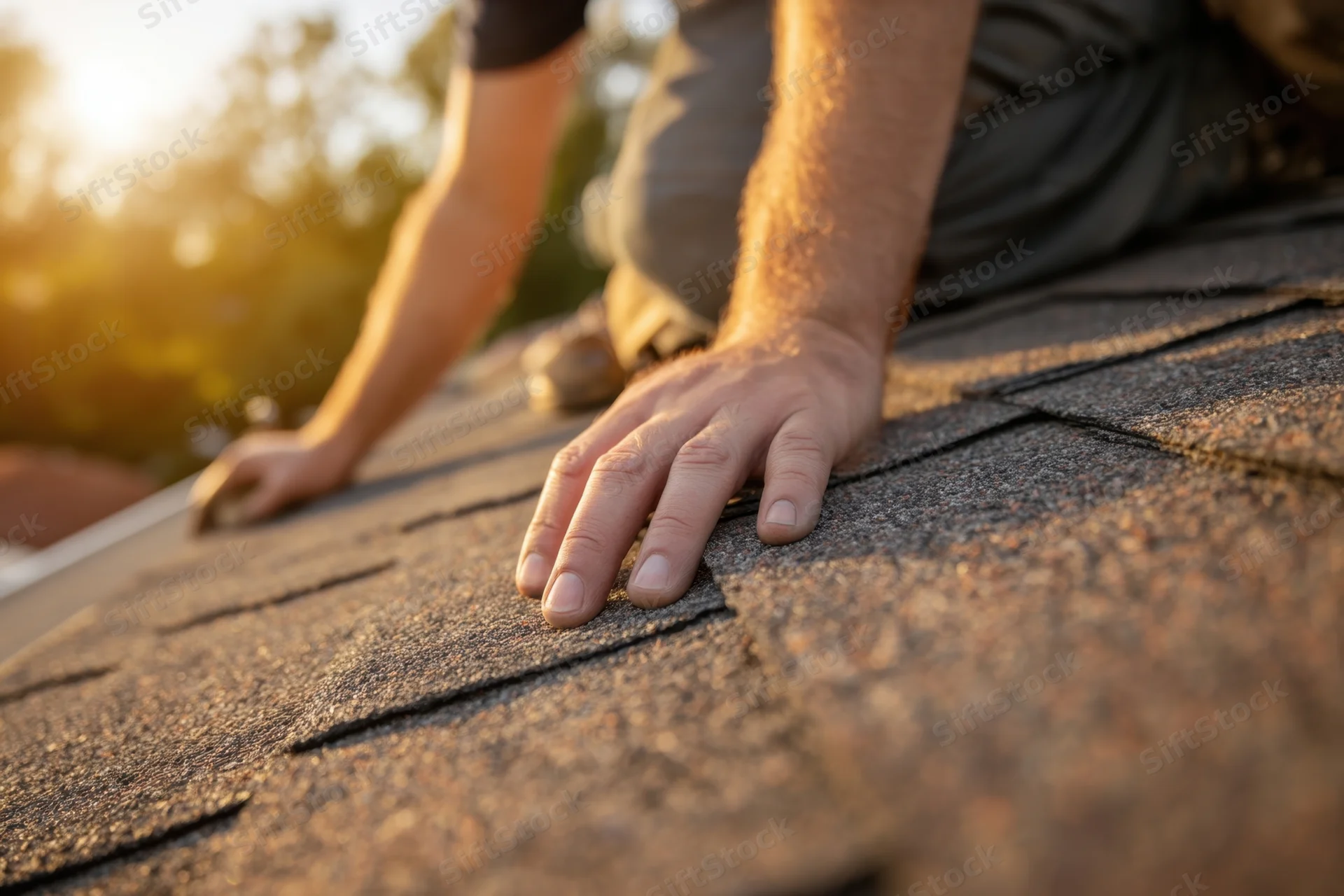 Man inspecting asphalt shingles on a residential roof during golden hour