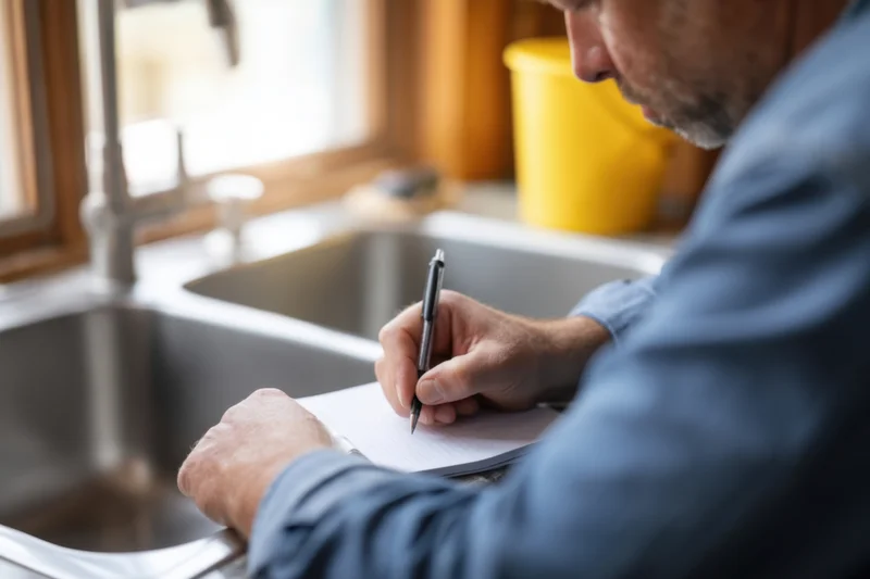 Man writing in notebook at kitchen sink during daytime