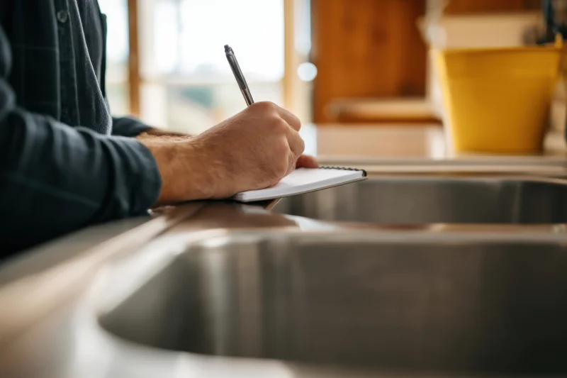 Man writing in notebook at kitchen sink countertop