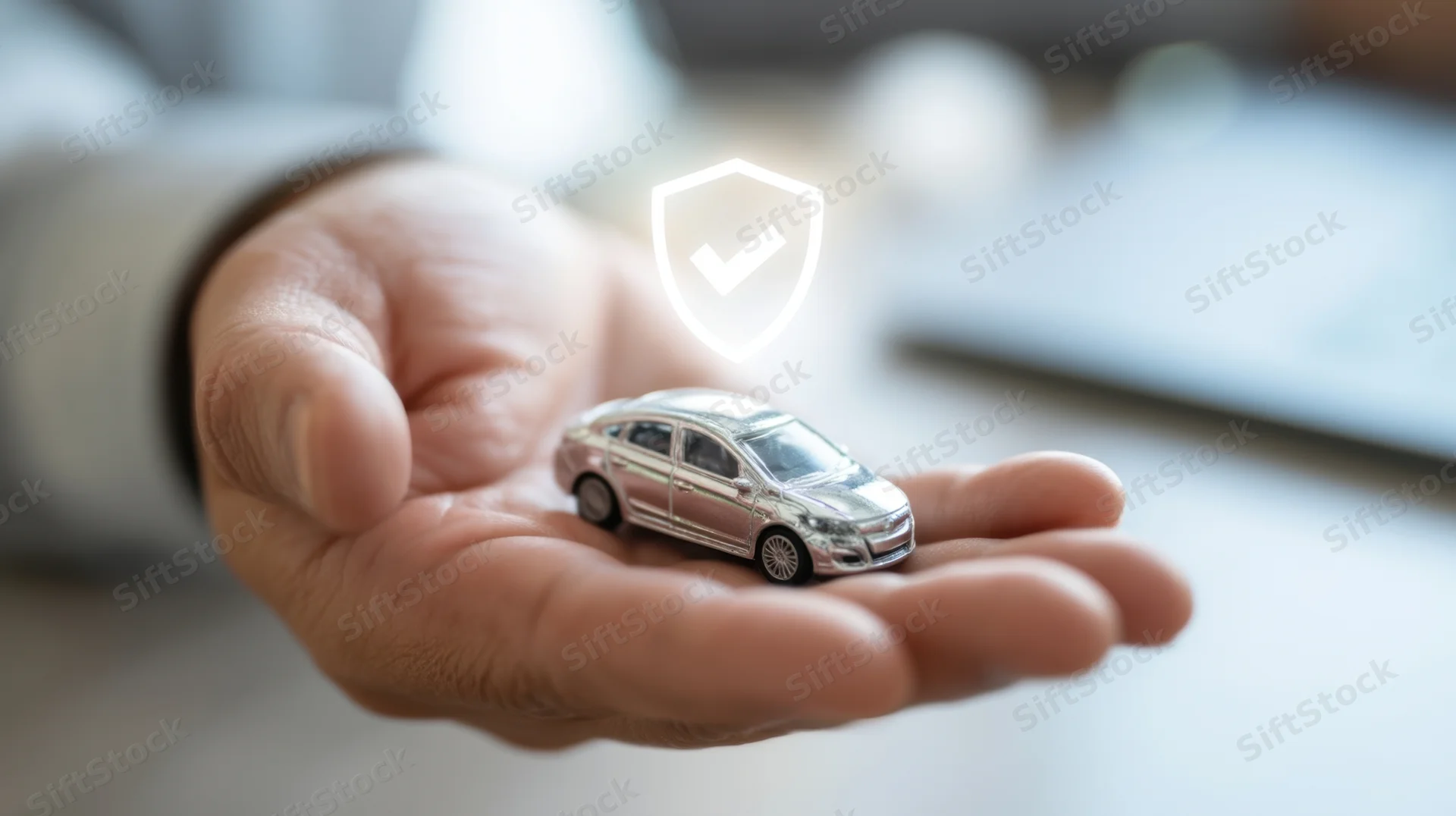 Hand holding a silver toy car with a glowing shield icon above it in an office setting