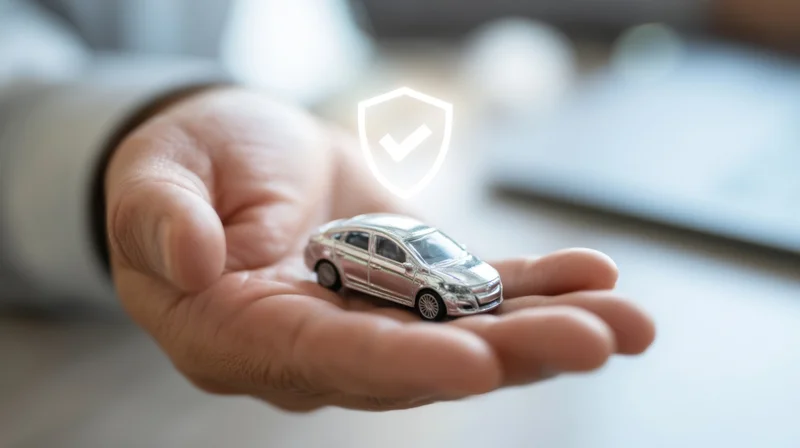 Hand holding a silver toy car with a glowing shield icon above it in an office setting