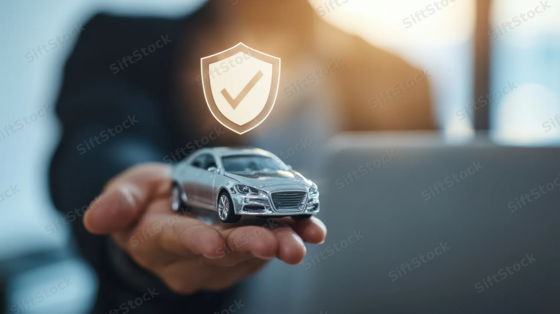 Hand holding a silver toy car with a glowing shield icon above it in an office setting