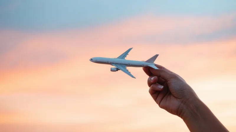 Hand holding a white model airplane against a sunset sky