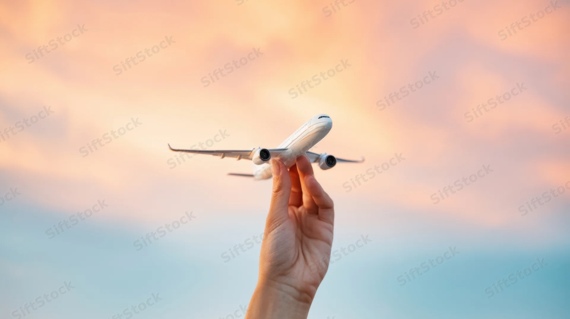 Hand holding a white toy airplane against a sunset sky