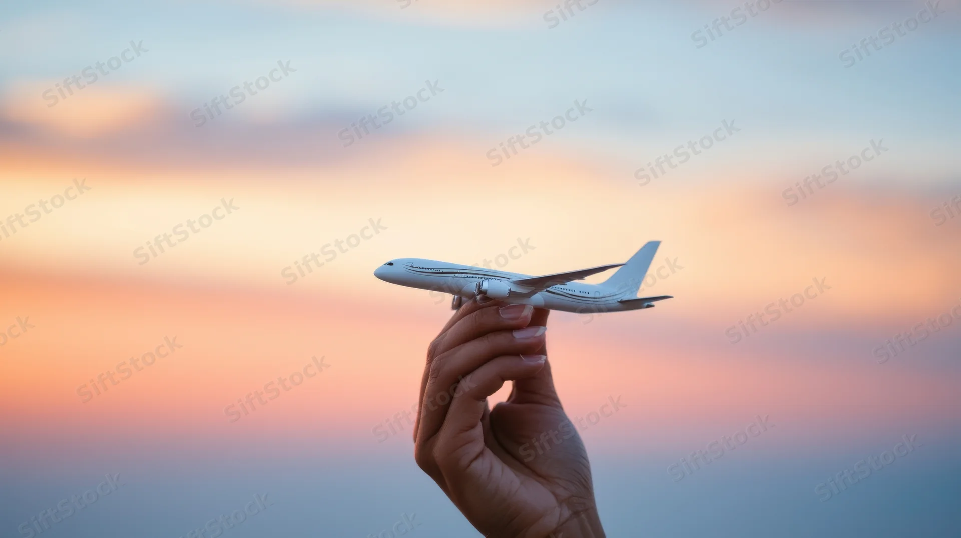 Hand holding a white model airplane against a sunset sky