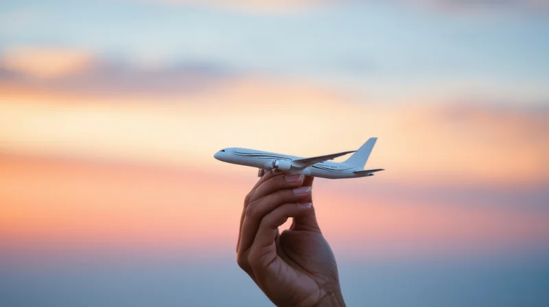 Hand holding a white model airplane against a sunset sky