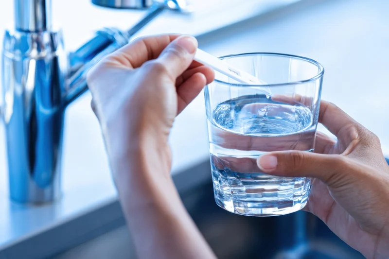 Hands holding a glass of water and inserting a test strip near a kitchen faucet