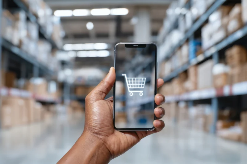 Hand holding smartphone with shopping cart icon in warehouse aisle