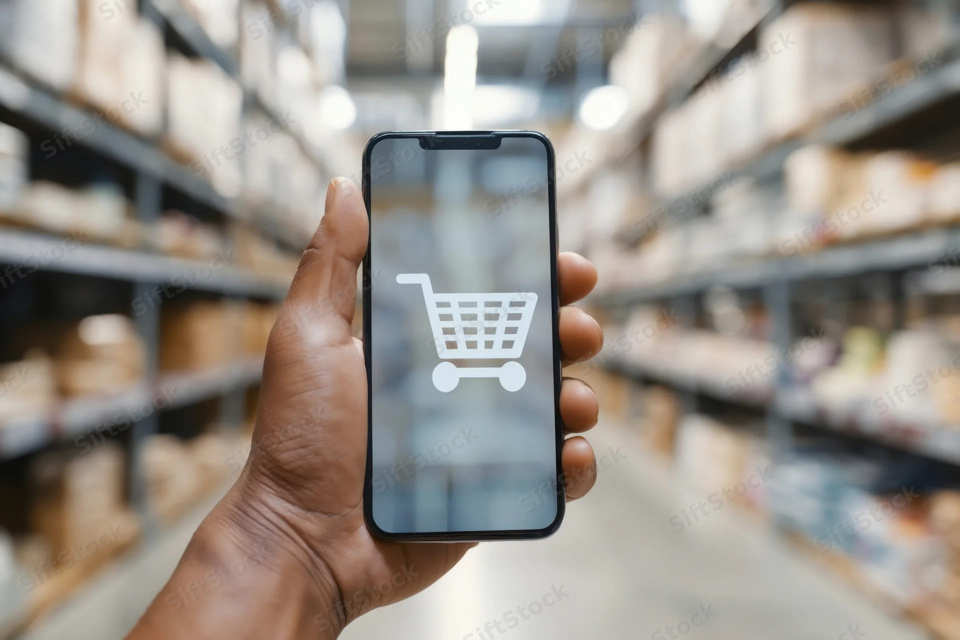 Hand holding smartphone with shopping cart icon in warehouse aisle