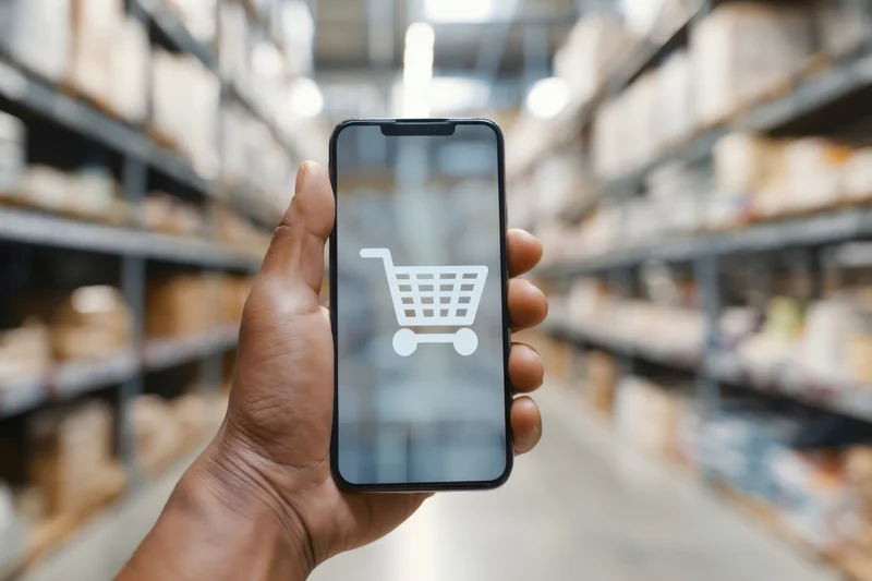 Hand holding smartphone with shopping cart icon in warehouse aisle