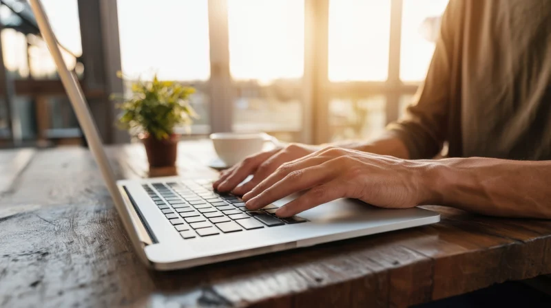 Hands typing on a laptop at a wooden desk by a sunlit window