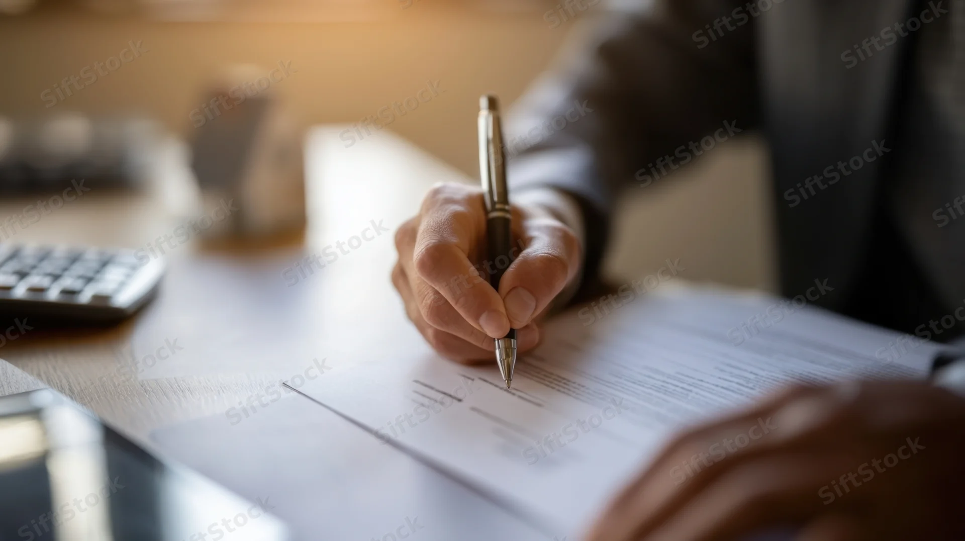 Hand signing a document on a desk in an office setting