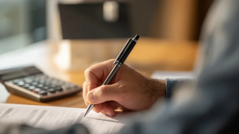 Hand holding pen writing on document at office desk with calculator nearby