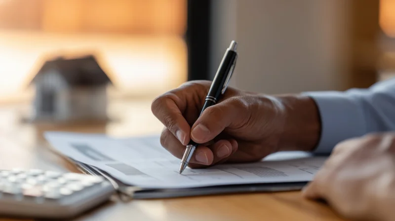 Man's hand writing on a document with a pen at a desk beside a calculator and a house model