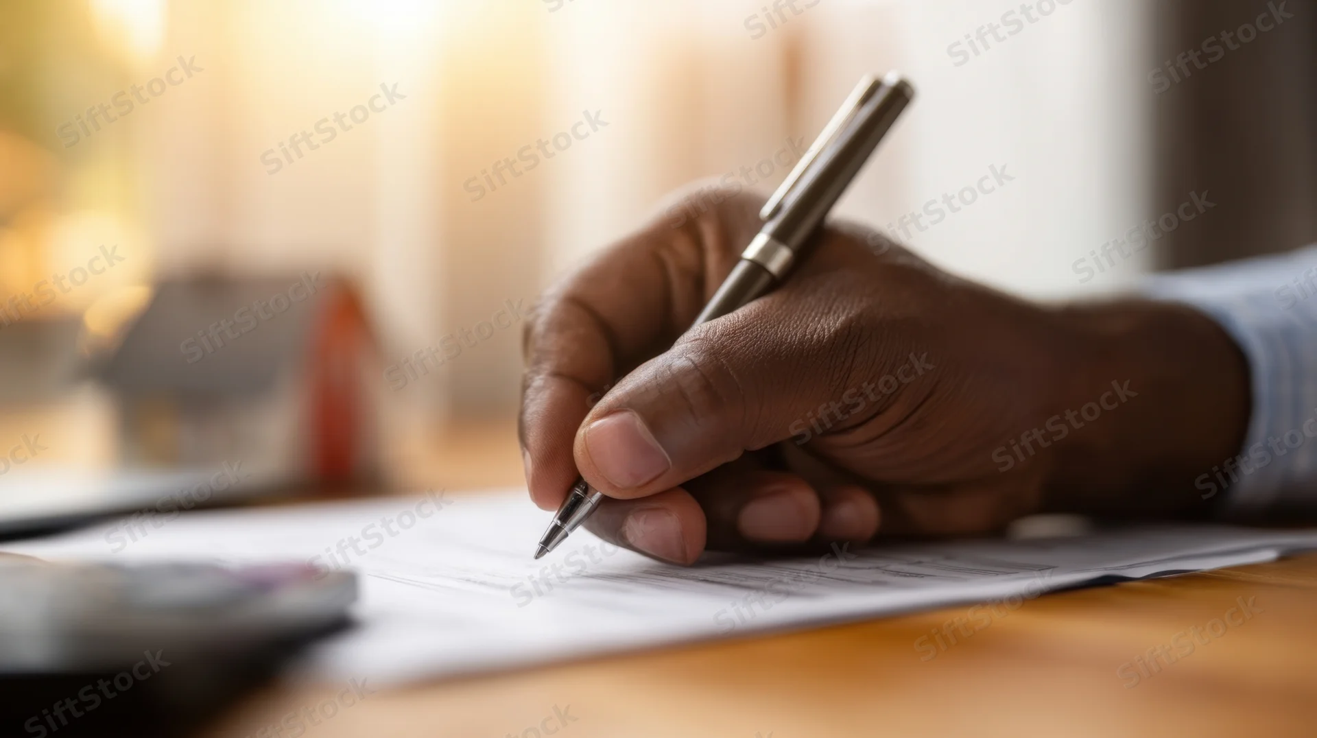Hand writing with pen on document at desk with calculator and house model nearby