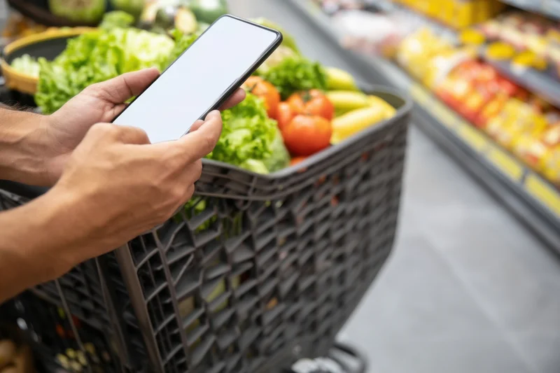 Hands holding smartphone over grocery basket filled with fresh vegetables in supermarket aisle