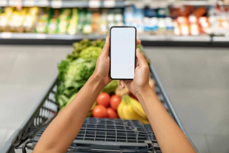 Woman holding smartphone over shopping cart filled with fresh produce in supermarket