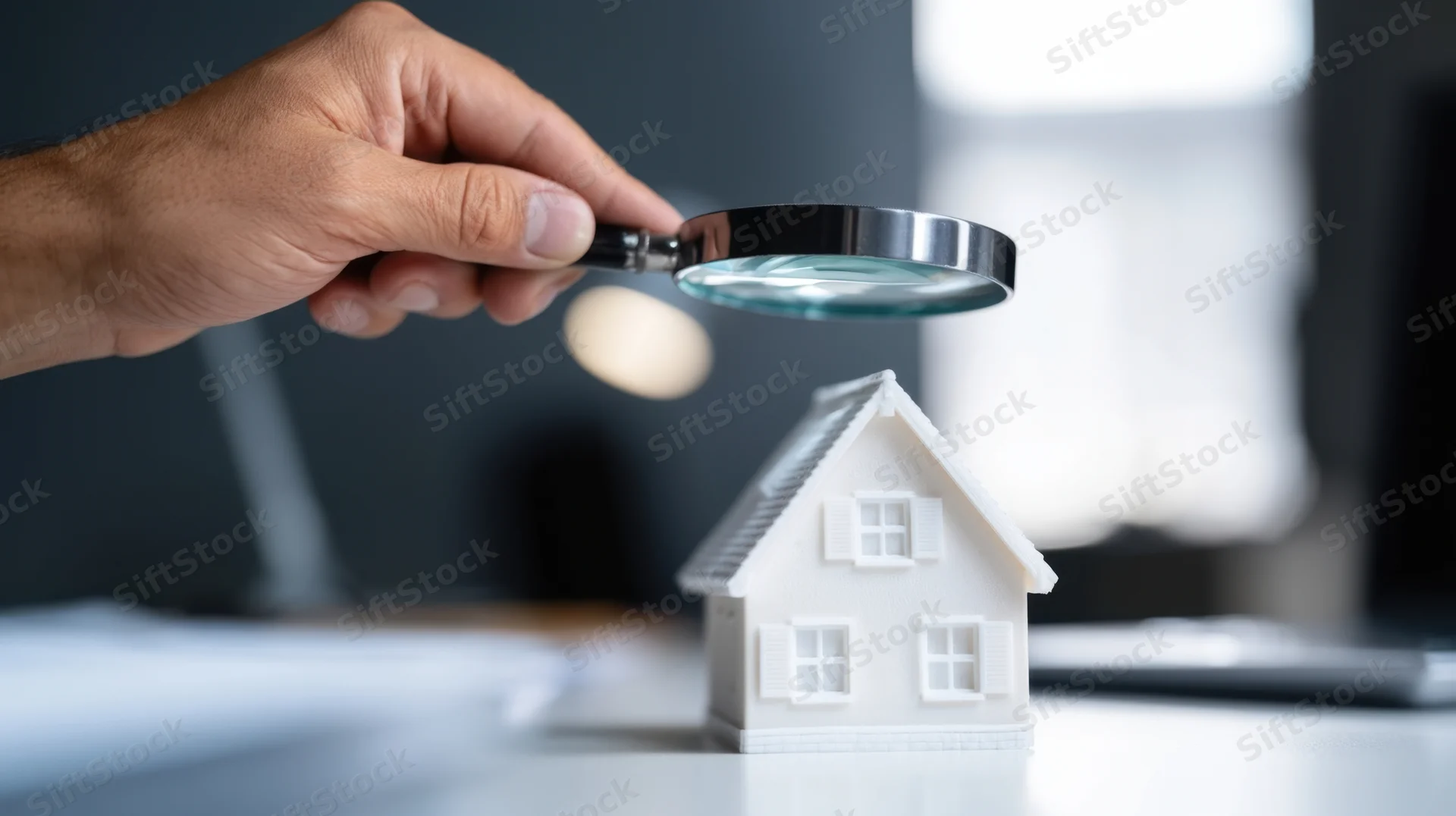 Hand holding magnifying glass over small white house model on desk