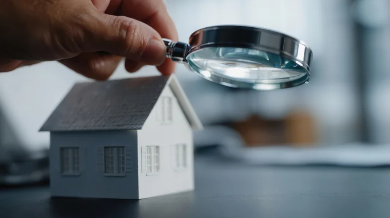 Hand holding magnifying glass over small white house model on desk
