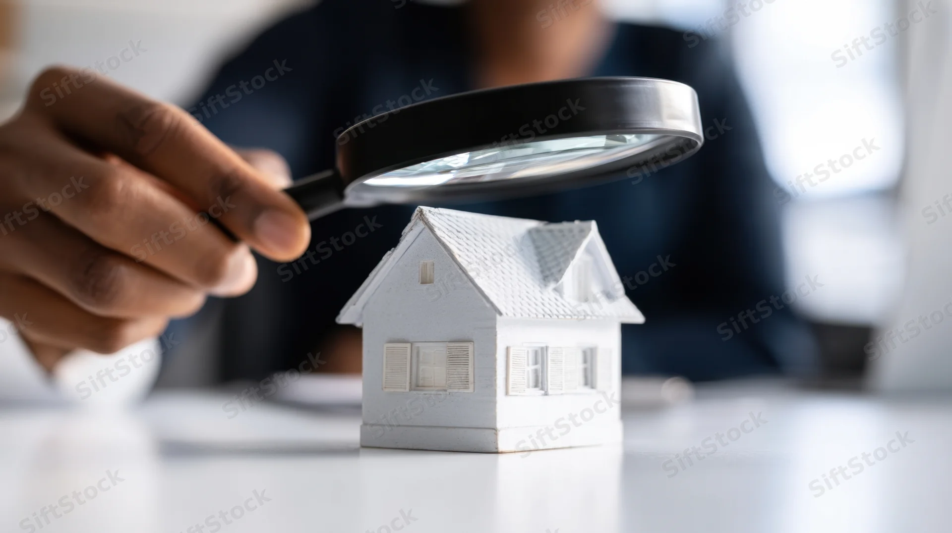 Hand holding magnifying glass over small white house model on desk