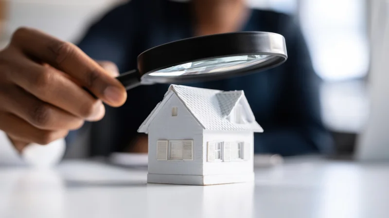Hand holding magnifying glass over small white house model on desk