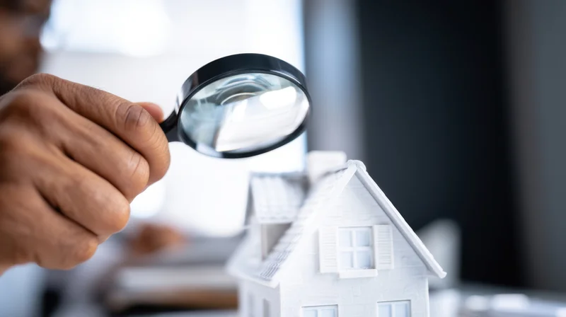 Hand holding magnifying glass over white house model on desk
