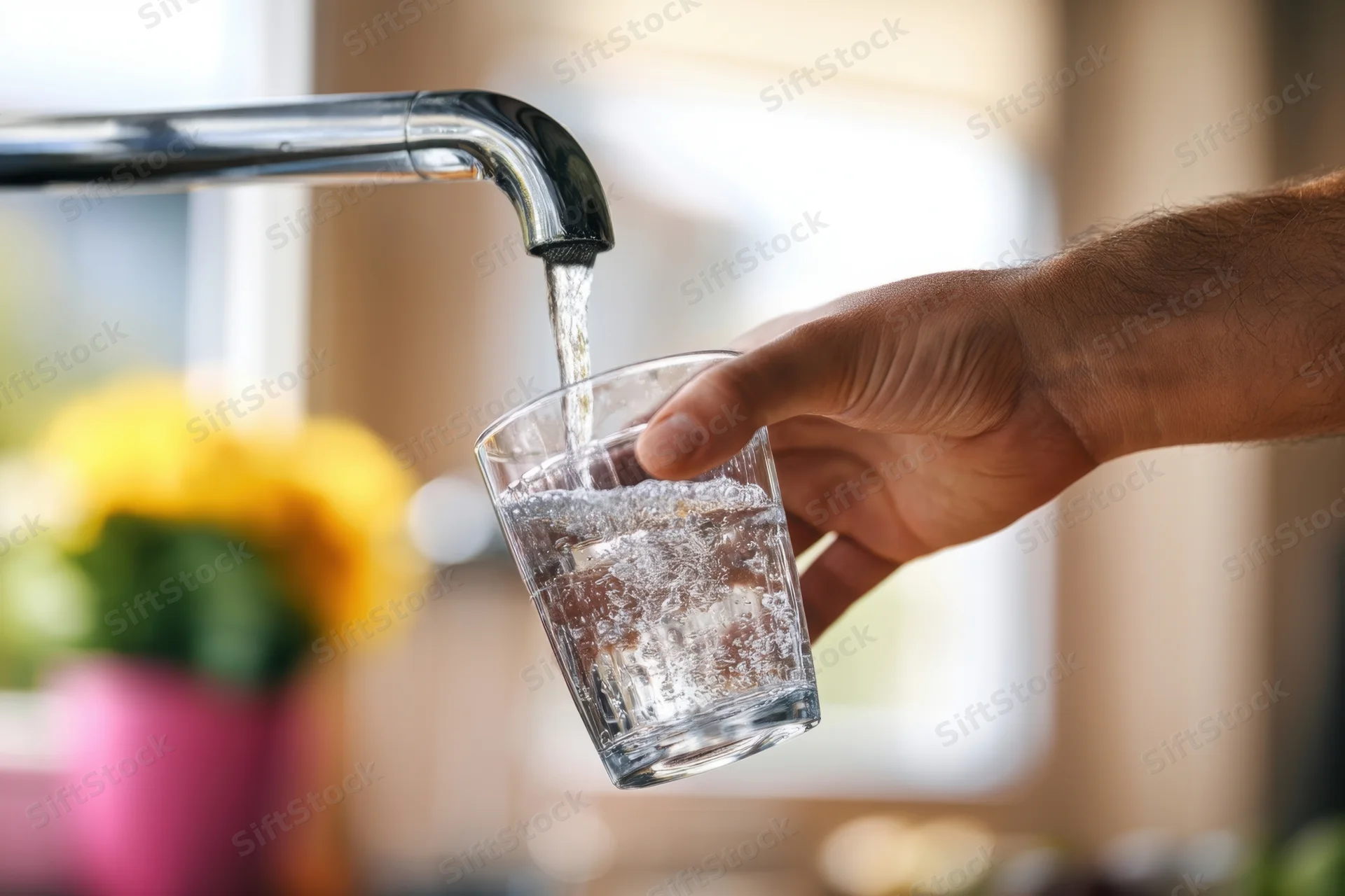 Hand holding a glass under a running kitchen tap filling it with water