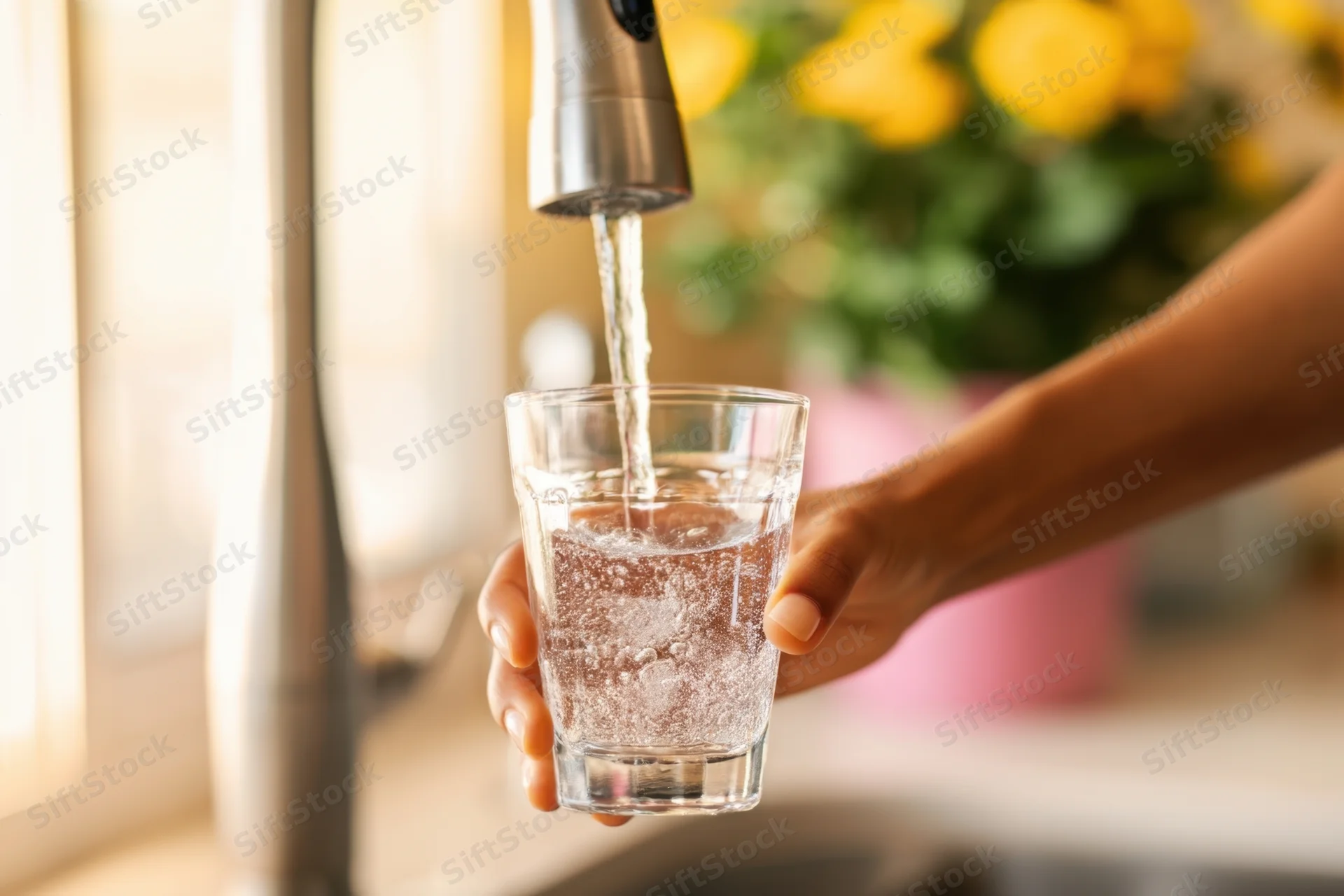 Hand holding a glass under a running kitchen tap filling it with water