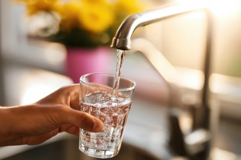Hand holding a glass under a running kitchen tap filling it with water