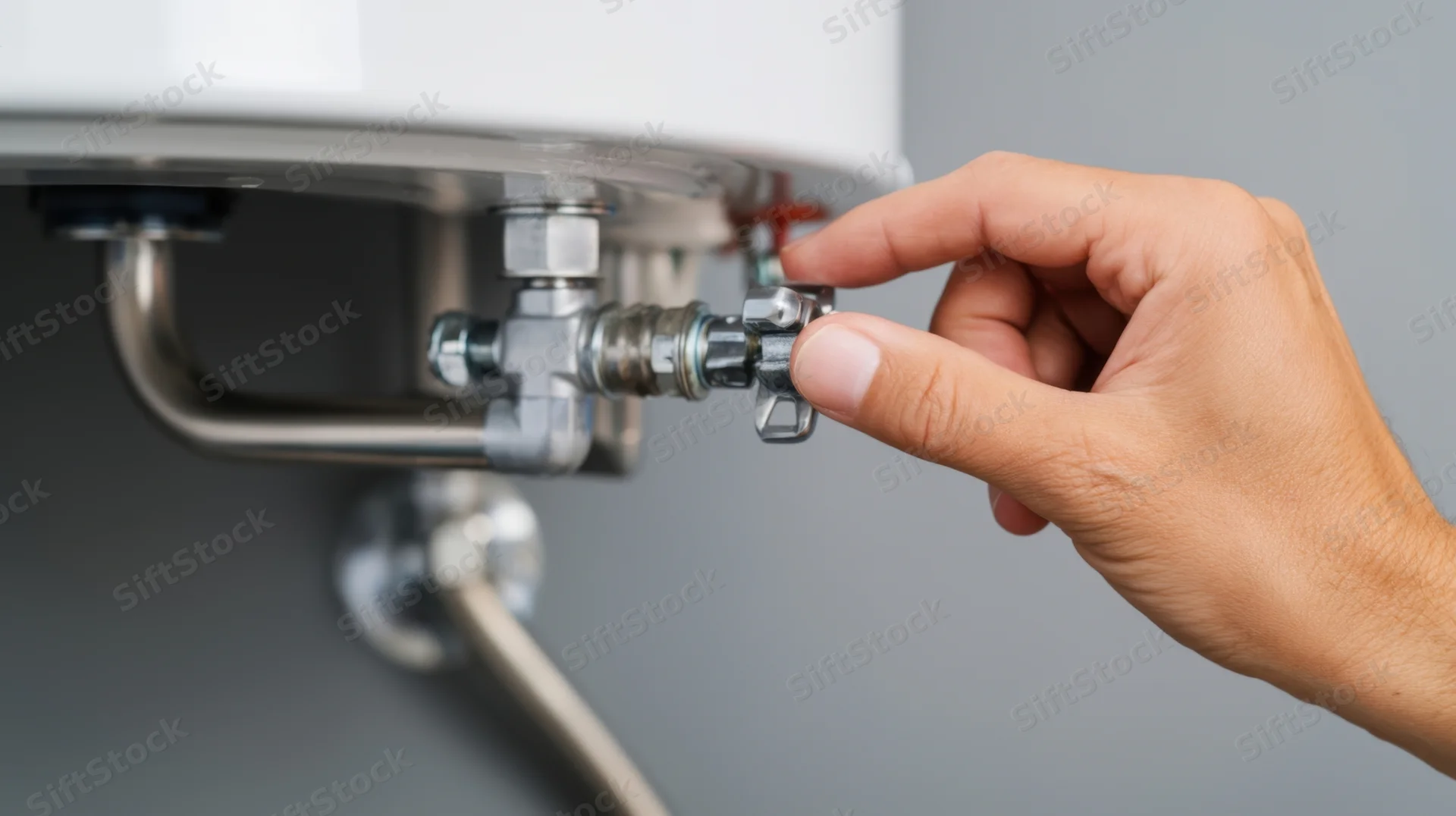 Hand adjusting a valve on a plumbing pipe connected to a water heater