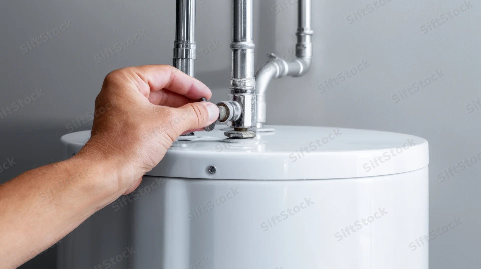 Hand adjusting valve on top of white water heater in indoor setting