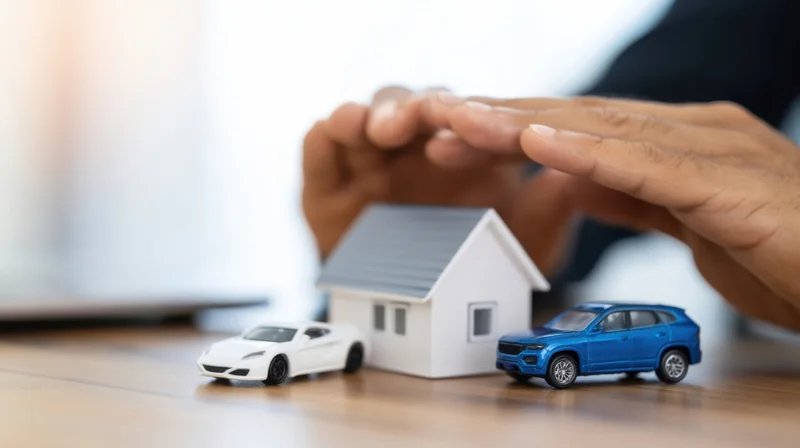 Hands shielding miniature house and toy cars on wooden table