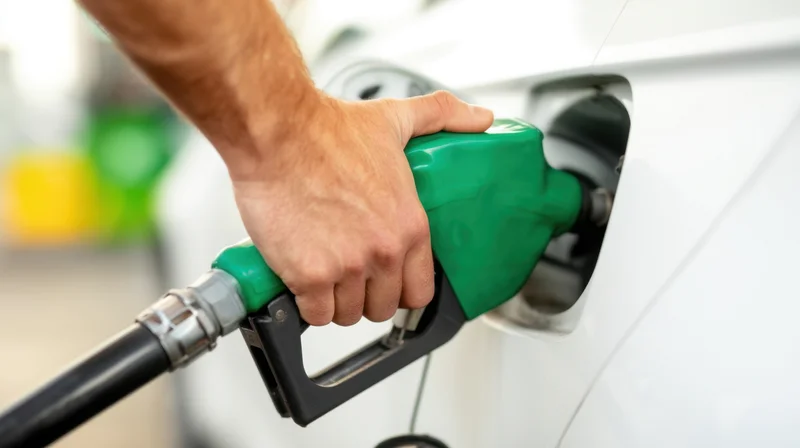 Hand holding green fuel pump nozzle inserted into car tank at gas station
