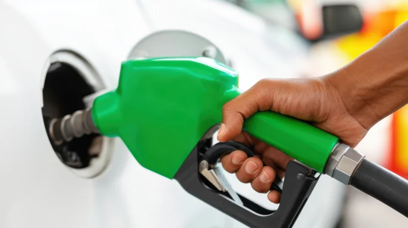 Hand holding green fuel pump nozzle inserted into car tank at gas station