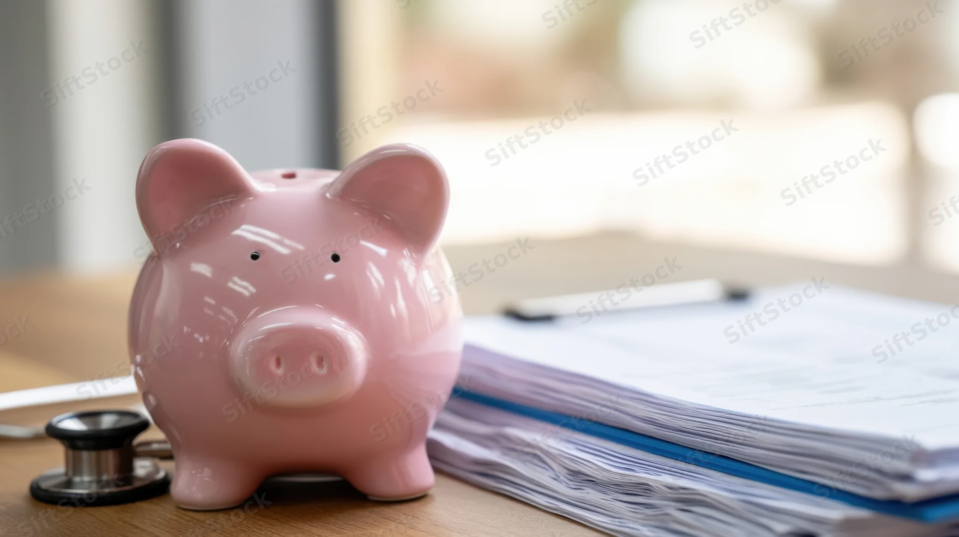 Pink piggybank with stethoscope and medical documents on a desk