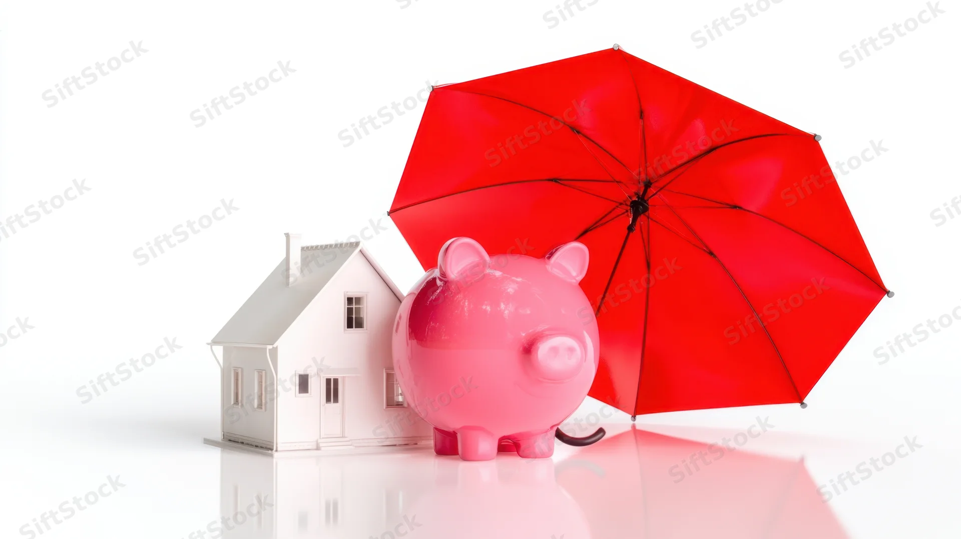 Pink piggybank under red umbrella beside white house model on reflective surface