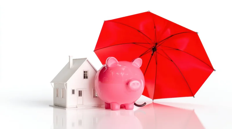 Pink piggybank under red umbrella beside white house model on reflective surface