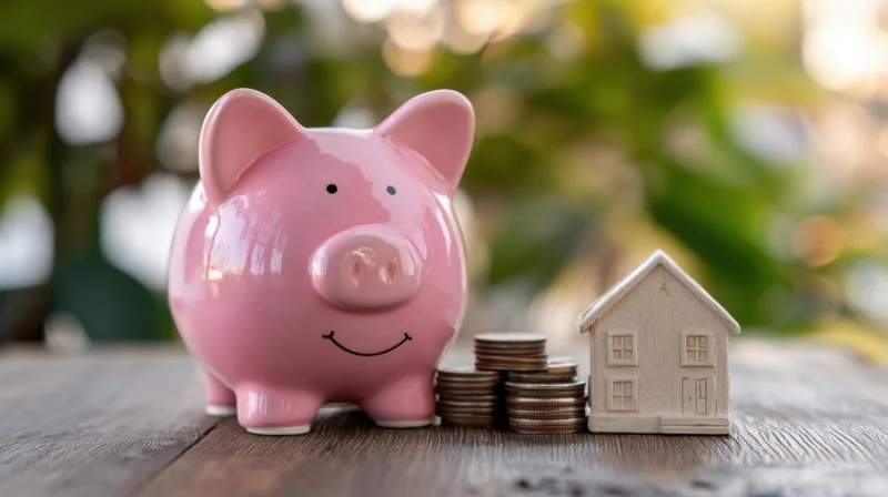 Pink piggybank with stacked coins and miniature house on wooden table outdoors