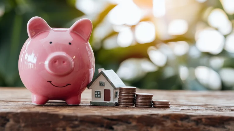 Pink piggybank beside a miniature house and stacks of coins on a wooden table