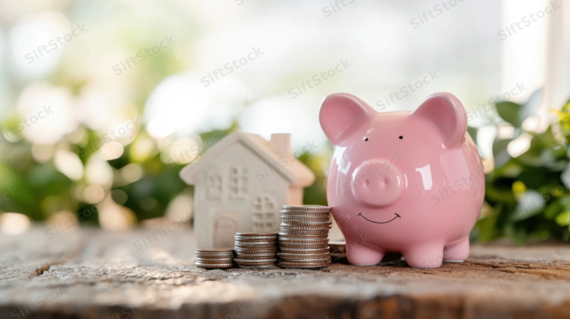 Pink piggybank with stacked coins and miniature house on wooden surface near greenery